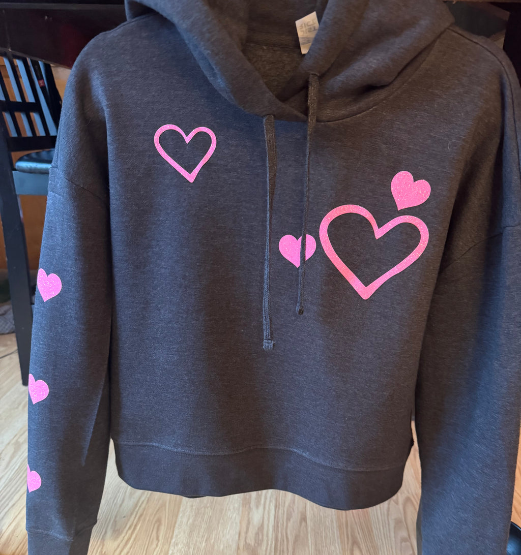 Valentine's Day Semi-Cropped Hoodie - Pink Glitter Hearts
