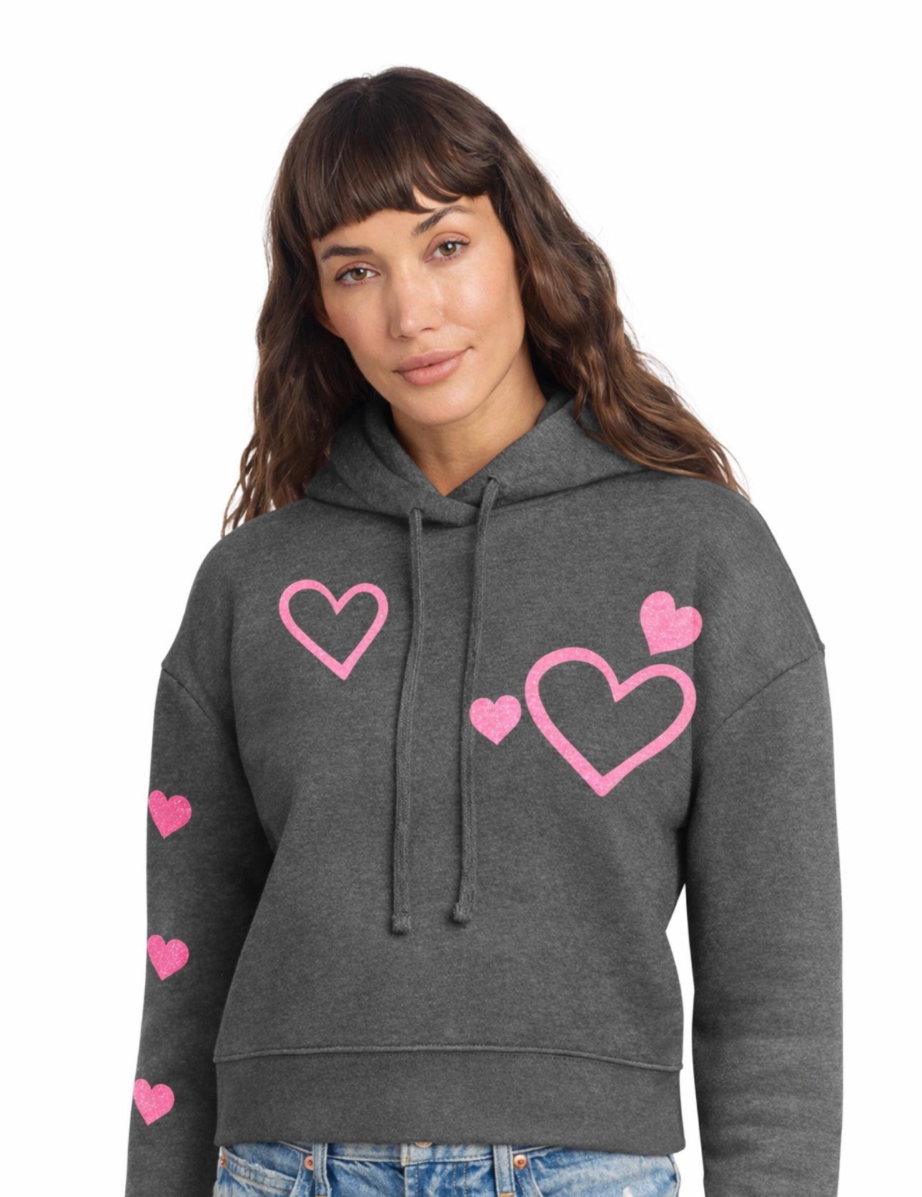 Valentine's Day Semi-Cropped Hoodie - Pink Glitter Hearts